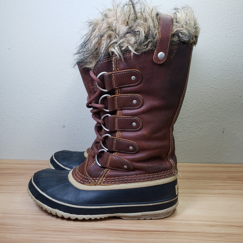 Sorel Joan Of Arctic Waterproof Winter Boots Fur Trim Tall Brown Cabincore Sz 8